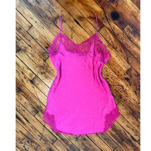 Vintage Lingerie Mini Silk Slip Dress Lace Fairycore Hot Pink Valentine's Day